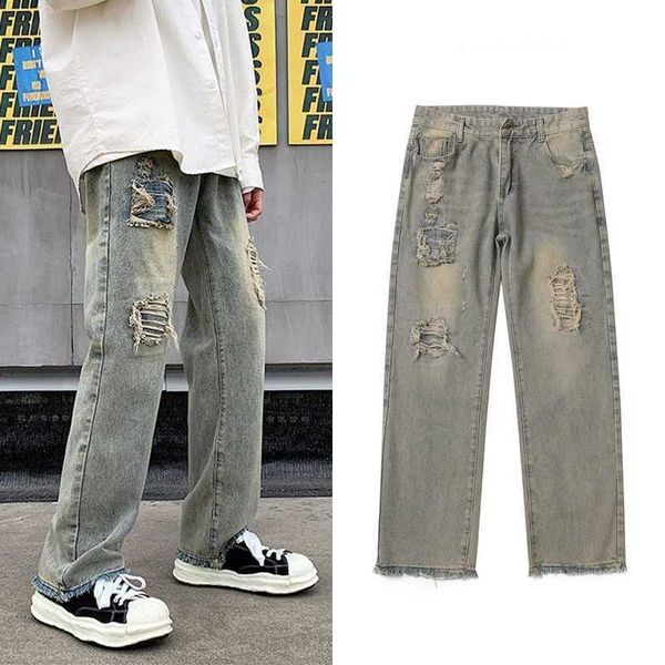 perforated jeans for men's street hip-hop trend loose fitting bf casual worn-out wide leg pants with rough edges, Blue
perforated jeans for men's street hip-hop trend loose fitting bf casual worn-out wide leg pants with rough edges, Blue