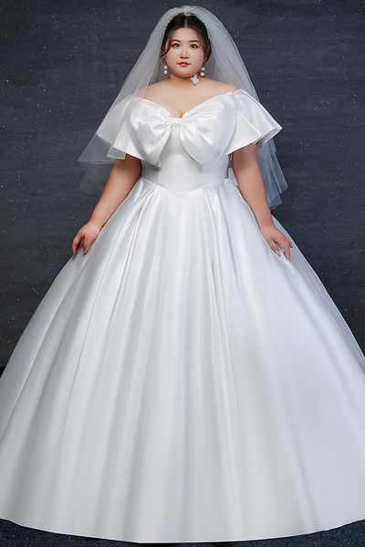 plus size wedding dress satin off the shoulder short sleeves lace-up back bridal gowns high waist with big bow, White
plus size wedding dress satin off the shoulder short sleeves lace-up back bridal gowns high waist with big bow, White