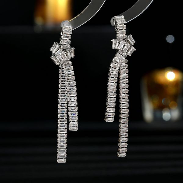 new light luxury style premium earrings with rectangular zircon inlaid creative design knot long tassel earrings, Silver
new light luxury style premium earrings with rectangular zircon inlaid creative design knot long tassel earrings, Silver