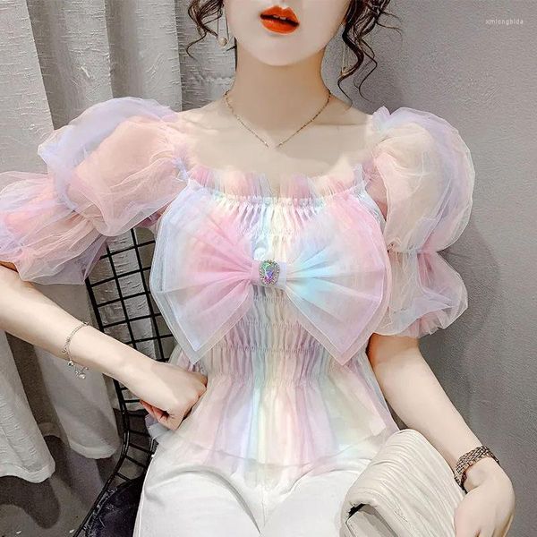 women's blouses mesh women blouse puff sleeve rainbow glitter bow sweet fairy style slim chiffon shirt elastic waist summer office lady, White
women's blouses mesh women blouse puff sleeve rainbow glitter bow sweet fairy style slim chiffon shirt elastic waist summer office lady, White