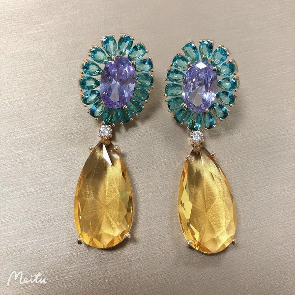 knot bilincolor fashion purple and yellow cubic zirconia drop earring for women wedding jewelry, Silver 
knot bilincolor fashion purple and yellow cubic zirconia drop earring for women wedding jewelry, Silver