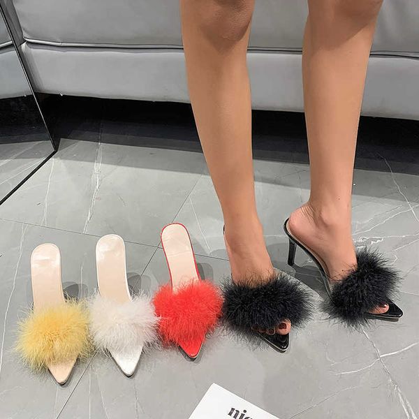 sandals summer feather woman slippers transparent perspex high heels fur stiletto peep toe mules lady slides shoes rose plus size 230417, Black
