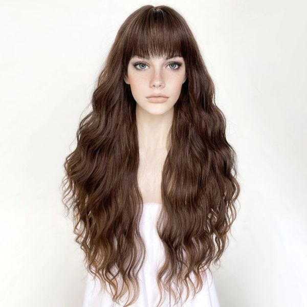 long 26inches deep body wave chocolate brown fringe women 13x4 lace front wigs with baby hair systhetic bangs cut lace wig, Black
long 26inches deep body wave chocolate brown fringe women 13x4 lace front wigs with baby hair systhetic bangs cut lace wig, Black