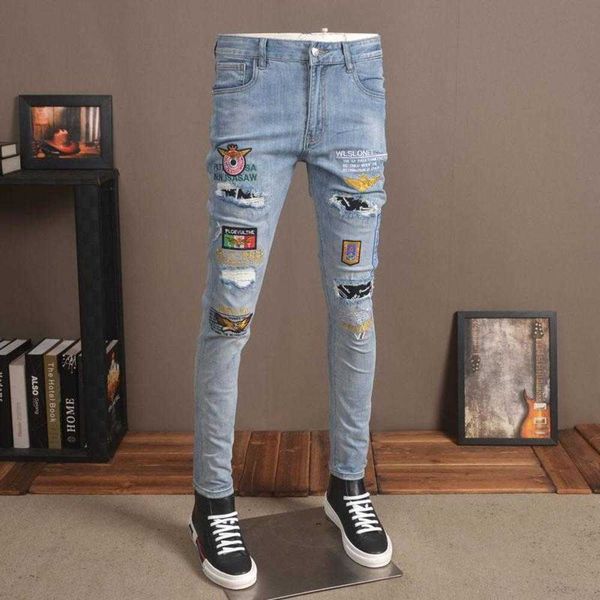 men jeans high street 2023 summer streetwear embroidered ripped holes patch slim fit pants men's, Blue
men jeans high street 2023 summer streetwear embroidered ripped holes patch slim fit pants men's, Blue