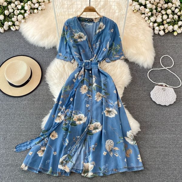light mature style dress commuting strap waistband for slimming v-neck single breasted printed denim dress elegant large hem long skirt, Black;gray
light mature style dress commuting strap waistband for slimming v-neck single breasted printed denim dress elegant large hem long skirt, Black;gray