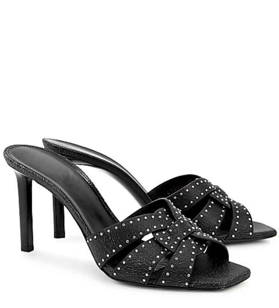 luxury summer sandal tribute 85mm heeled mules sandal studded leather square toe middle heel sandal slide patent leathers with box, Black
luxury summer sandal tribute 85mm heeled mules sandal studded leather square toe middle heel sandal slide patent leathers with box, Black