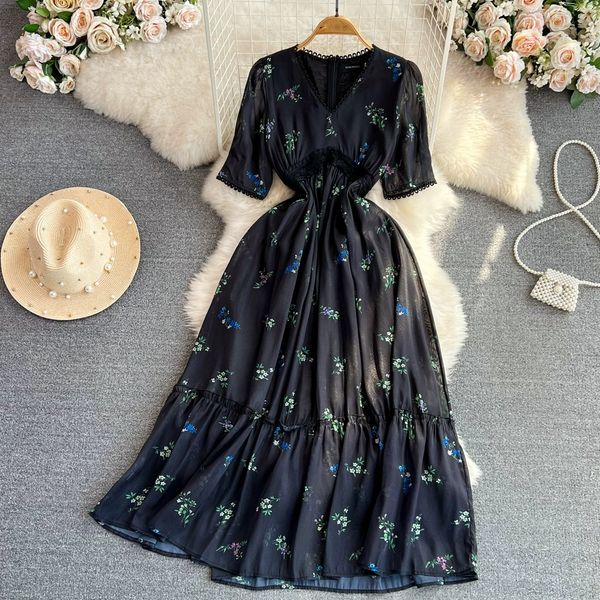 summer french vintage style dress black fragmented flower long dress gentle style short sleeve v-neck wrapped waist slim a-line large swing, Black;gray
summer french vintage style dress black fragmented flower long dress gentle style short sleeve v-neck wrapped waist slim a-line large swing, Black;gray