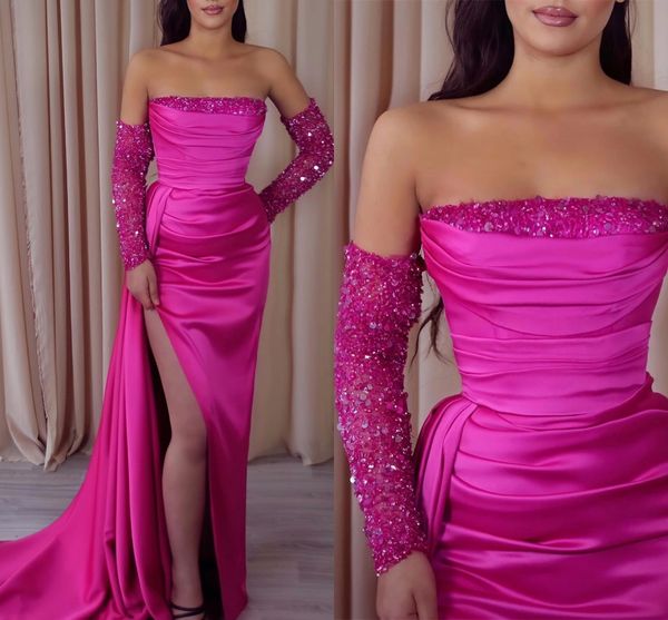 fuchsia mermaid prom dress 2023 strapless sequined slit detachable sleeves satin evening formal dress homecoming night party wear robe de so, Black
fuchsia mermaid prom dress 2023 strapless sequined slit detachable sleeves satin evening formal dress homecoming night party wear robe de so, Black