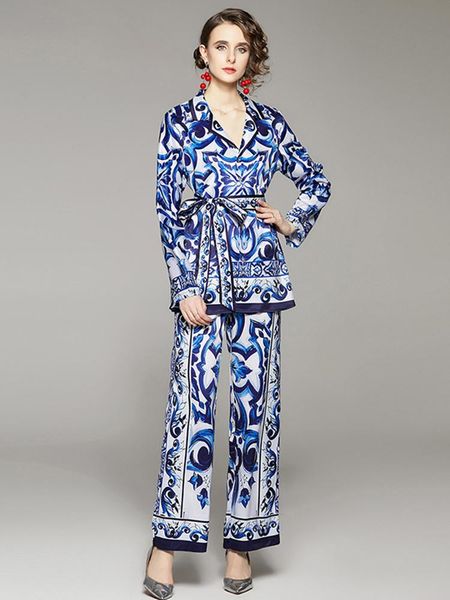 pants autumn fashion runway 2 piece pants set women long sleeve vintage porcelain print belt blouse and wide leg trousers suits outfit, White
pants autumn fashion runway 2 piece pants set women long sleeve vintage porcelain print belt blouse and wide leg trousers suits outfit, White