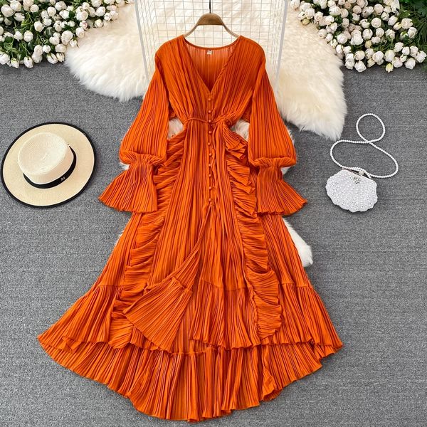 super immortal beach vacation ruffle edge high waist slim v-neck dress travel pgraphy style single breasted 100 pleated large swing long dre, Black;gray
super immortal beach vacation ruffle edge high waist slim v-neck dress travel pgraphy style single breasted 100 pleated large swing long dre, Black;gray