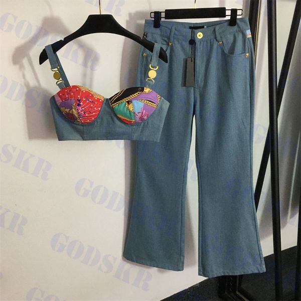 gold logo suspender womens flared jeans set vintage printed bra tank fashion ladies pants streetwear, White
gold logo suspender womens flared jeans set vintage printed bra tank fashion ladies pants streetwear, White