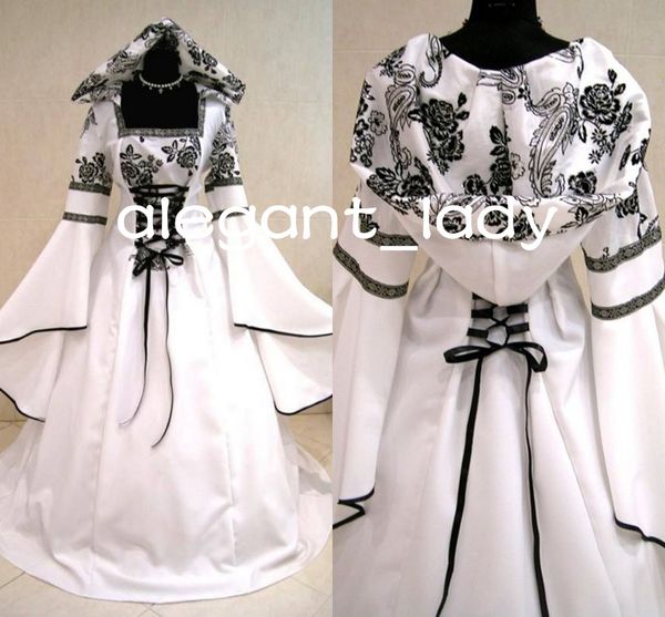 white black medieval wedding dresses goth costume long sleeve lace-up vampire wicca fancy bridal gown with hat
white black medieval wedding dresses goth costume long sleeve lace-up vampire wicca fancy bridal gown with hat
