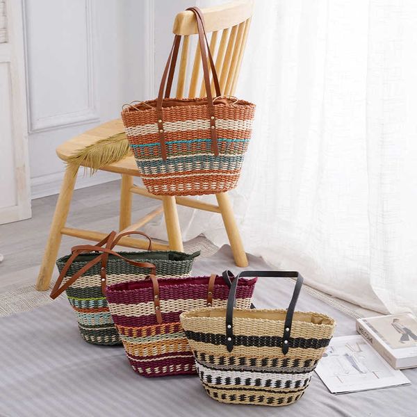 colorful striped straw woven bag soft leather handle handbag women's large capacity tote bag fashion popular woven cabbage basket 23052
colorful striped straw woven bag soft leather handle handbag women's large capacity tote bag fashion popular woven cabbage basket 23052