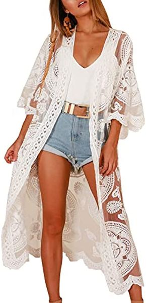 new women swimsuit cover up bathing suit kimono long beach dress floral lace fashion bikini swim coverup, White;black
new women swimsuit cover up bathing suit kimono long beach dress floral lace fashion bikini swim coverup, White;black