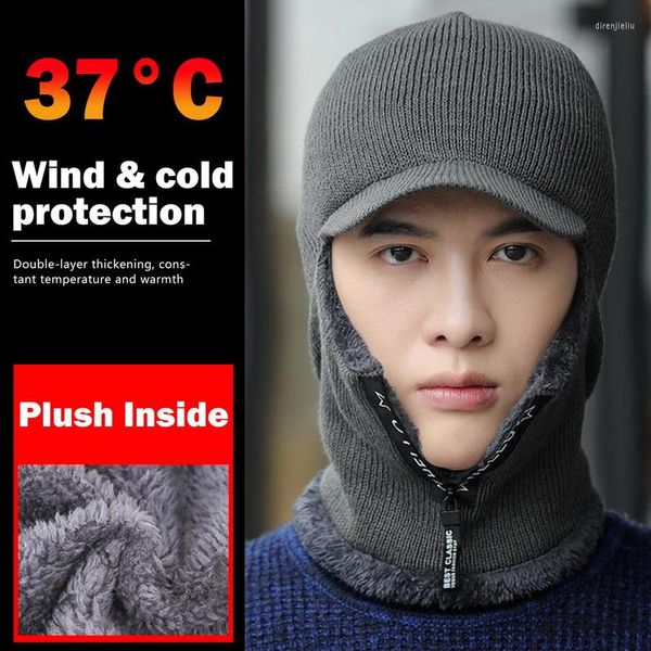 Image of Cycling Caps Men Winter Knitted Hat With Zipper Fur Thick Warm Hood Face Ear Neck Protection Ski Mask Beanie Hats Balaclava Cap