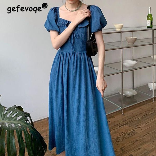 dresses summer french women sweet bow youth square collar puff sleeve blue elegant midi dress high waist folds korean casual female 2022, Black;gray
dresses summer french women sweet bow youth square collar puff sleeve blue elegant midi dress high waist folds korean casual female 2022, Black;gray
