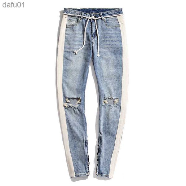 men's jeans mens jeans designer skinny ripped white striped jeans fashion stretch slim drawstring biker pants black blue l230520
men's jeans mens jeans designer skinny ripped white striped jeans fashion stretch slim drawstring biker pants black blue l230520