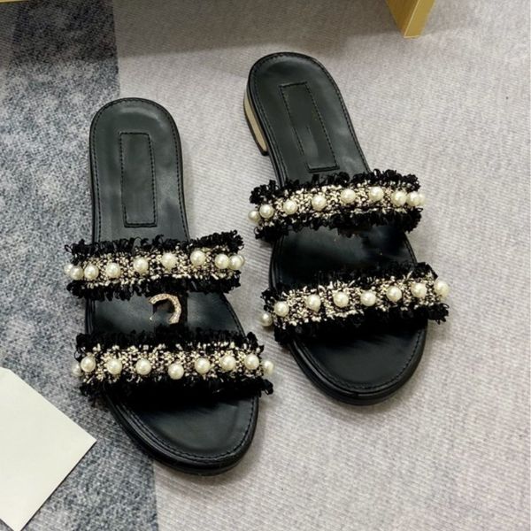 pearl embellished tweed strap slippers logo sandals for women interlocking c crystal buckle slides espadrilles mules brands wedding party dr, Black
pearl embellished tweed strap slippers logo sandals for women interlocking c crystal buckle slides espadrilles mules brands wedding party dr, Black
