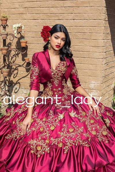 burgundy princess charro quinceanera dresses with long sleeve jacket embroidery corset prom 15 year anniversary dress, Blue;red
burgundy princess charro quinceanera dresses with long sleeve jacket embroidery corset prom 15 year anniversary dress, Blue;red