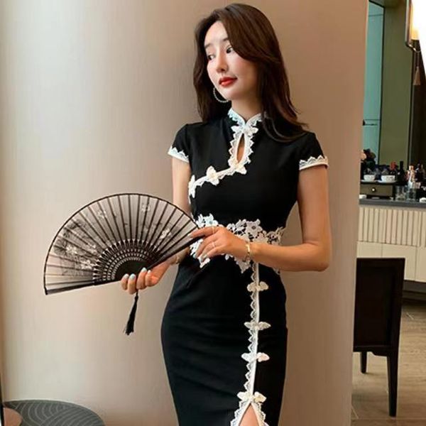 french retro modified cheongsam wrapped hip skirt women's 2023 summer new high waist slim slim slim slim slim fit dress, Black;white
french retro modified cheongsam wrapped hip skirt women's 2023 summer new high waist slim slim slim slim slim fit dress, Black;white