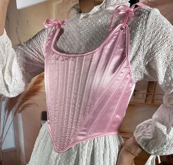 women's pink bow tie tank corset fashionable new satin waist tank lace slim fit short fishbone tank chest, White;black
women's pink bow tie tank corset fashionable new satin waist tank lace slim fit short fishbone tank chest, White;black