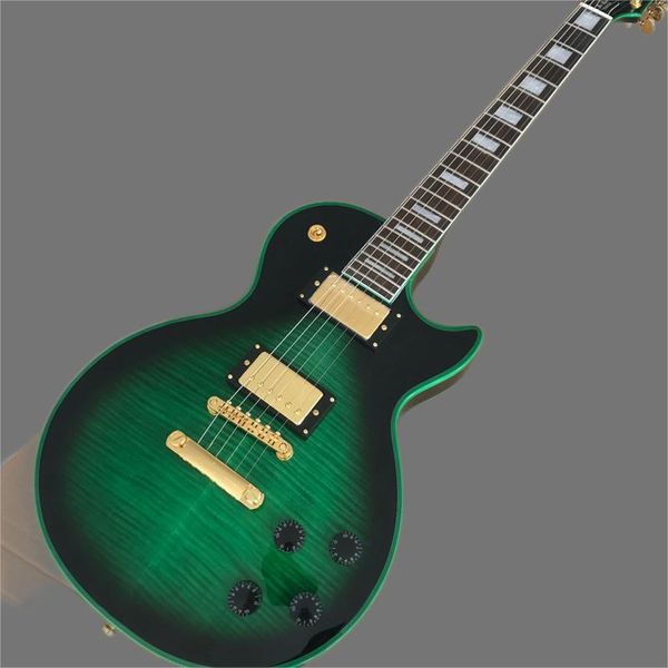 green electric guitar, tiger maple, new electric guitar