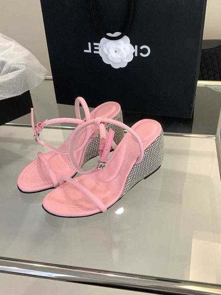 2023 summer new open toe high black rhinestone button belt slope heel sandals women's shoes