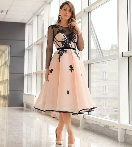 

a-line short prom dress 2023 long sleeves illusion corset black lace appliques formal party evening growns vestidos de fiesta robe de soiree