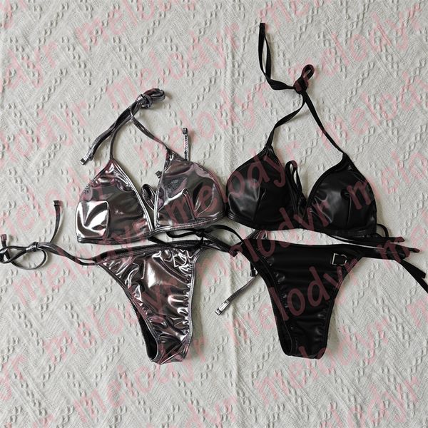 women leather bikini set metal letter swimwear summer holiday halter bra swimsuit, Black
women leather bikini set metal letter swimwear summer holiday halter bra swimsuit, Black