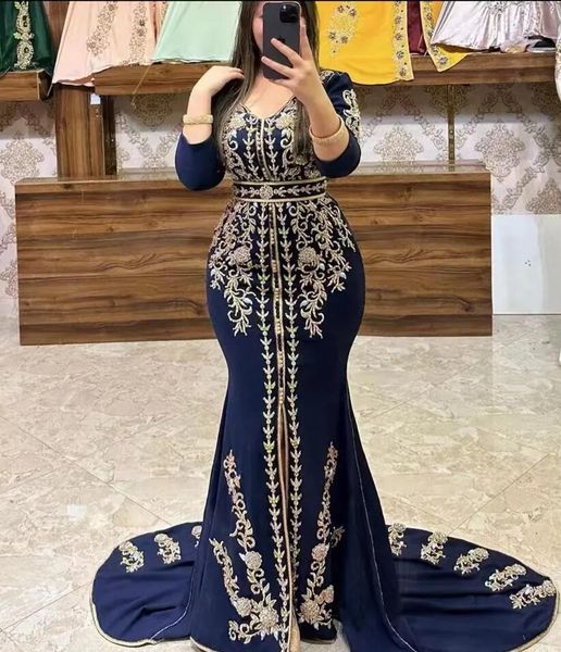 caftan formal evening dresses long sleeves satin mermaid navy blue with golden appliques beaded slit front kaftan modern prom dress, Black
caftan formal evening dresses long sleeves satin mermaid navy blue with golden appliques beaded slit front kaftan modern prom dress, Black