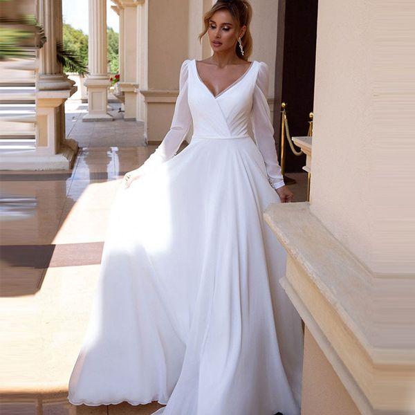 elegant v-neck chiffon wedding dress long sleeves simple wedding gowns backless bridal gown for women robe de mariee, White 
elegant v-neck chiffon wedding dress long sleeves simple wedding gowns backless bridal gown for women robe de mariee, White