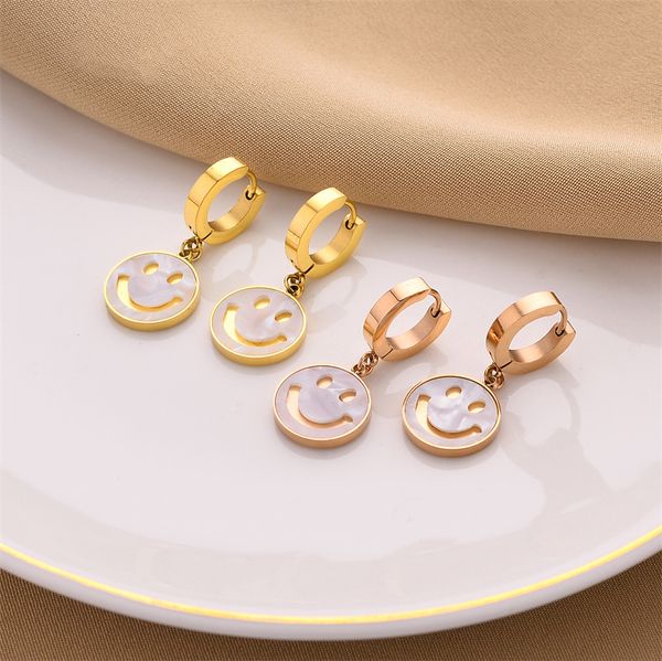 cute women jewelry smile charm earring gold stainless steel huggie earrings, Golden 
cute women jewelry smile charm earring gold stainless steel huggie earrings, Golden