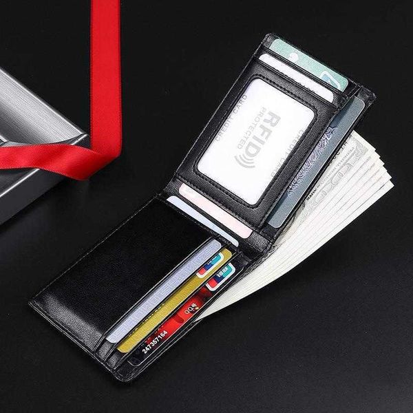 ultra thin leather wallet for man multiple card slots rfid anti theft swiping cowhide dollar, Red;black