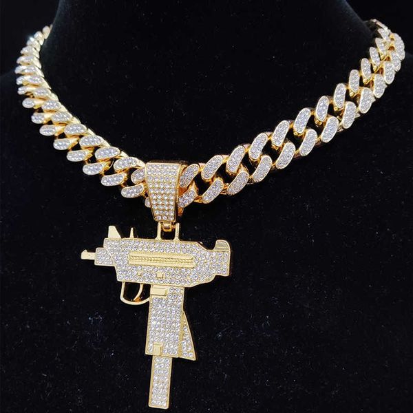 men women hip hop iced out bling uzi gun pendant necklace with 13mm miami cuban chain hiphop necklaces fashion charm jewelry, Silver