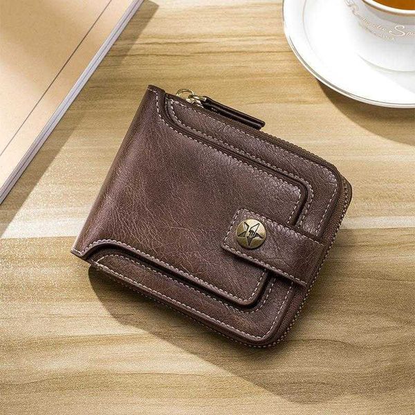 retro mens short wallet purse horizontal zipper multifunctional card holder tri fold buckle coin, Red;black