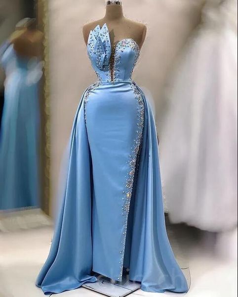 sky blue aso ebi beaded crystals prom dresses with remove train crystal beaded high split satin mermaid evening occasion gown, Black
sky blue aso ebi beaded crystals prom dresses with remove train crystal beaded high split satin mermaid evening occasion gown, Black