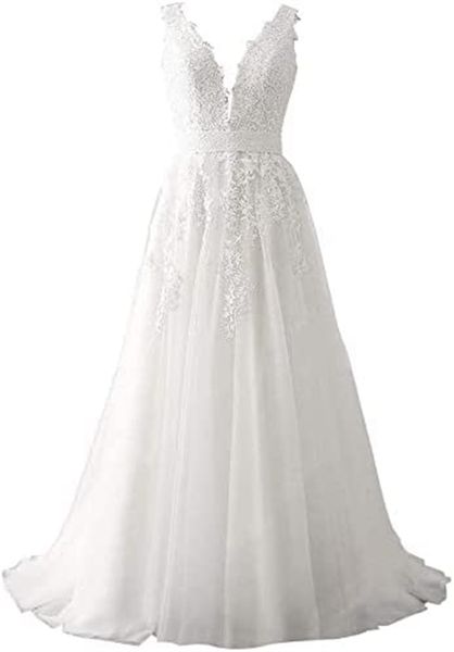 women' wedding dress for bride lace applique dress v neck straps ball gowns, White
women' wedding dress for bride lace applique dress v neck straps ball gowns, White