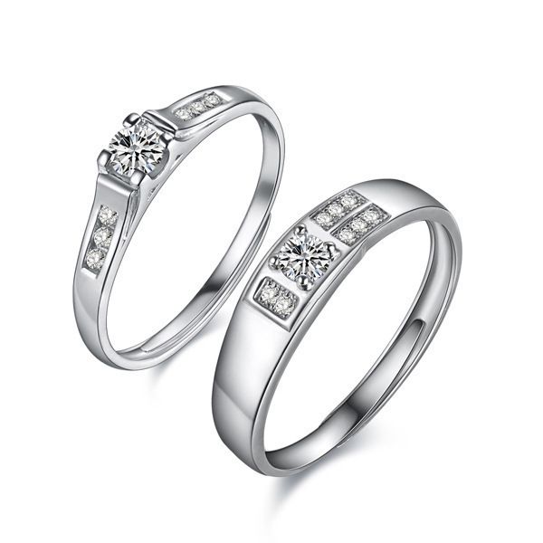 couple rings 4 prong set aaa cubic zirconia platinum plated silver rings