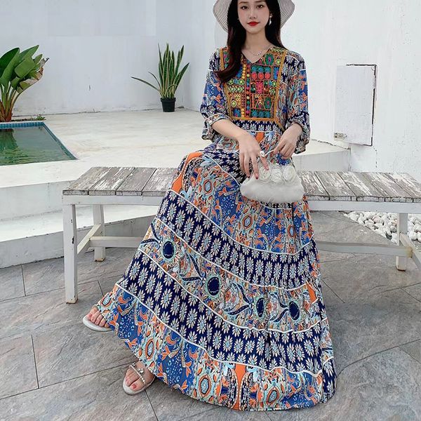 women vintage print long dress 2023 summer v neck short sleeve a-line dress female elegant elastic waist maxi dresess robe, Black;gray
women vintage print long dress 2023 summer v neck short sleeve a-line dress female elegant elastic waist maxi dresess robe, Black;gray