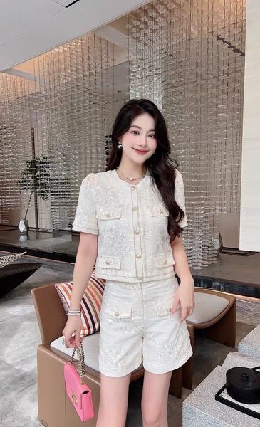 chan home 2023 new summer women's two piece sets designer ootd fashion short pants womens summer casual grade sequins suit mother', White
chan home 2023 new summer women's two piece sets designer ootd fashion short pants womens summer casual grade sequins suit mother', White