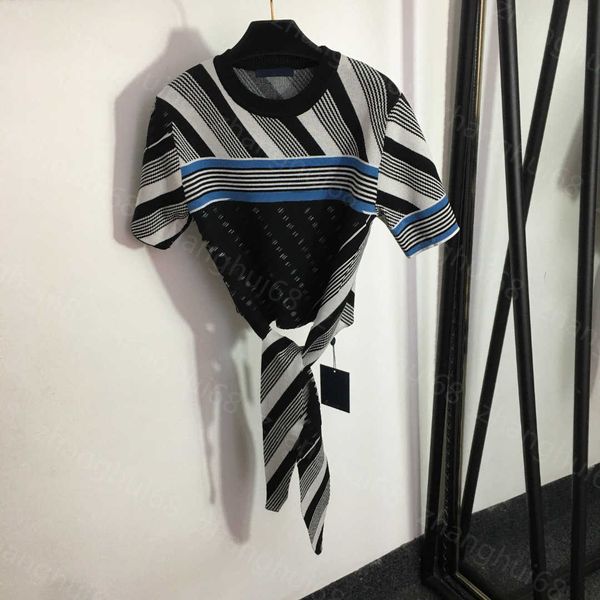 23ss womens knits womens designer clothing round neck lace-up waist bump color striped short-sleeved sweater womens clothes, White
23ss womens knits womens designer clothing round neck lace-up waist bump color striped short-sleeved sweater womens clothes, White