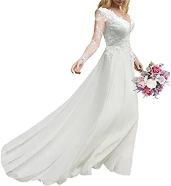 wedding dresses for bride with lace appliques chiffon women dress long sleeves beach bride dress ivory, White
wedding dresses for bride with lace appliques chiffon women dress long sleeves beach bride dress ivory, White