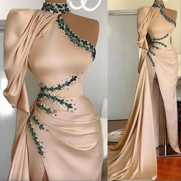 champagne prom dresses high neck illusion crystal beads side split satin mermaid long sleeve floor length party dress evening gowns, Black
champagne prom dresses high neck illusion crystal beads side split satin mermaid long sleeve floor length party dress evening gowns, Black