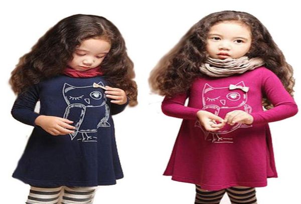 girls dress full sleeve owl kids for girls cotton dresses2598826, Red;yellow