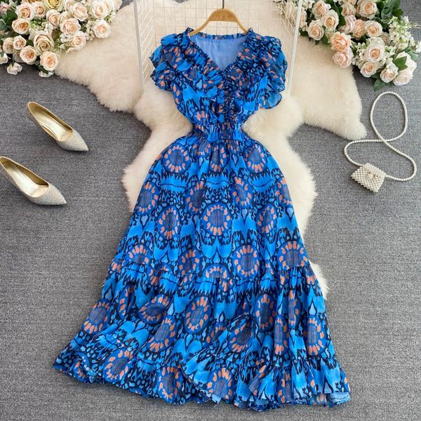 summer korean style gentle wind v fly sleeve waist slim floral a line lotus leaf edge dress elegant long skirt, Black;gray
summer korean style gentle wind v fly sleeve waist slim floral a line lotus leaf edge dress elegant long skirt, Black;gray
