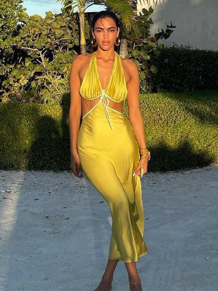 summer long dress for women beach vacation outfits pleated bust halter waist cut out backless dress chic clothes, Black;gray
summer long dress for women beach vacation outfits pleated bust halter waist cut out backless dress chic clothes, Black;gray