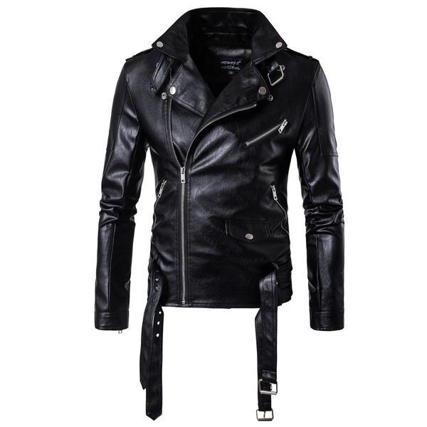 

American Fashion men polyester plus size lapel neck zipper fly biker leather jacket, Black
