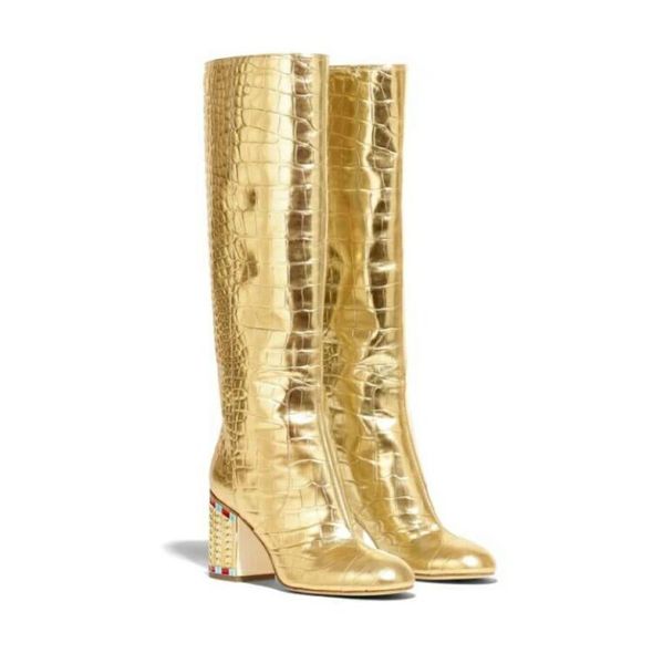 sheepskin leather diamond square high heels shoes black metal round toes crocodile pattern stone long knee boots siz2513620
sheepskin leather diamond square high heels shoes black metal round toes crocodile pattern stone long knee boots siz2513620