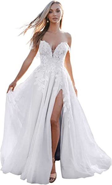 women' beach wedding dresses for bride 2023 v neck slit lace bridal wedding gowns for women, White
women' beach wedding dresses for bride 2023 v neck slit lace bridal wedding gowns for women, White