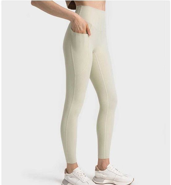 

LU-392 Striped Rib No T-line Side Pocket Yoga Pants High Waist Tight Abdomen Running Sports Cropped Gym Leggings for Women, Brown